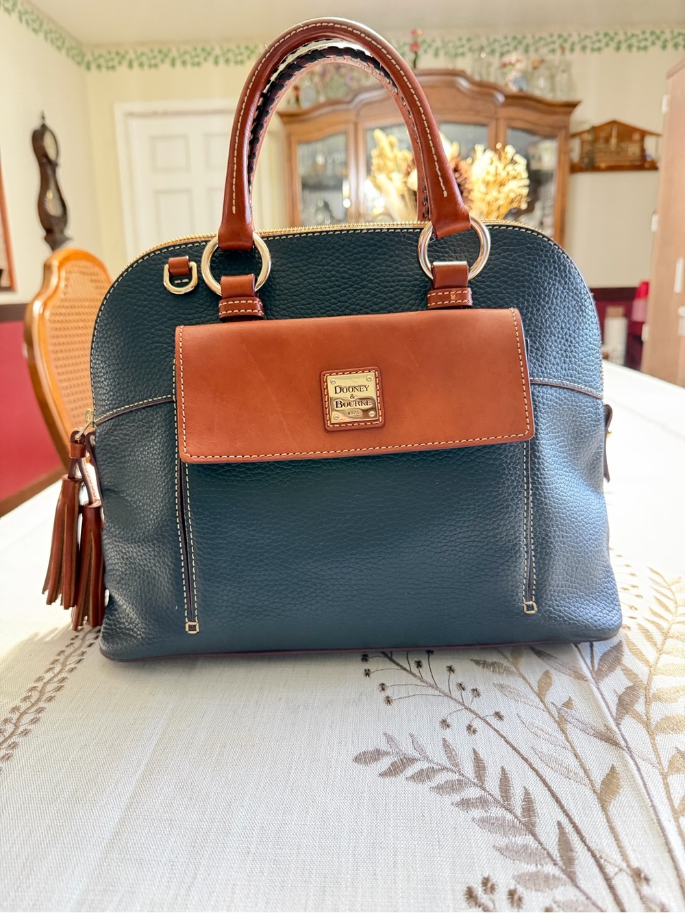 Dooney & Bourke Teal and Brown Leather Dome Satchel - Picture 1 of 10